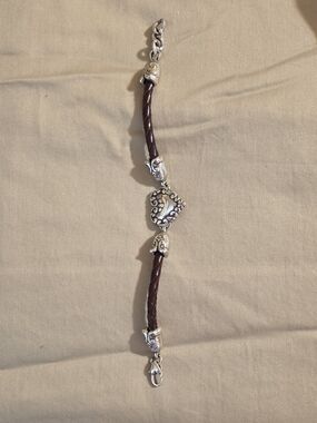 Brighton Brown Braided Leather Bracelet with Silver Heart Accents